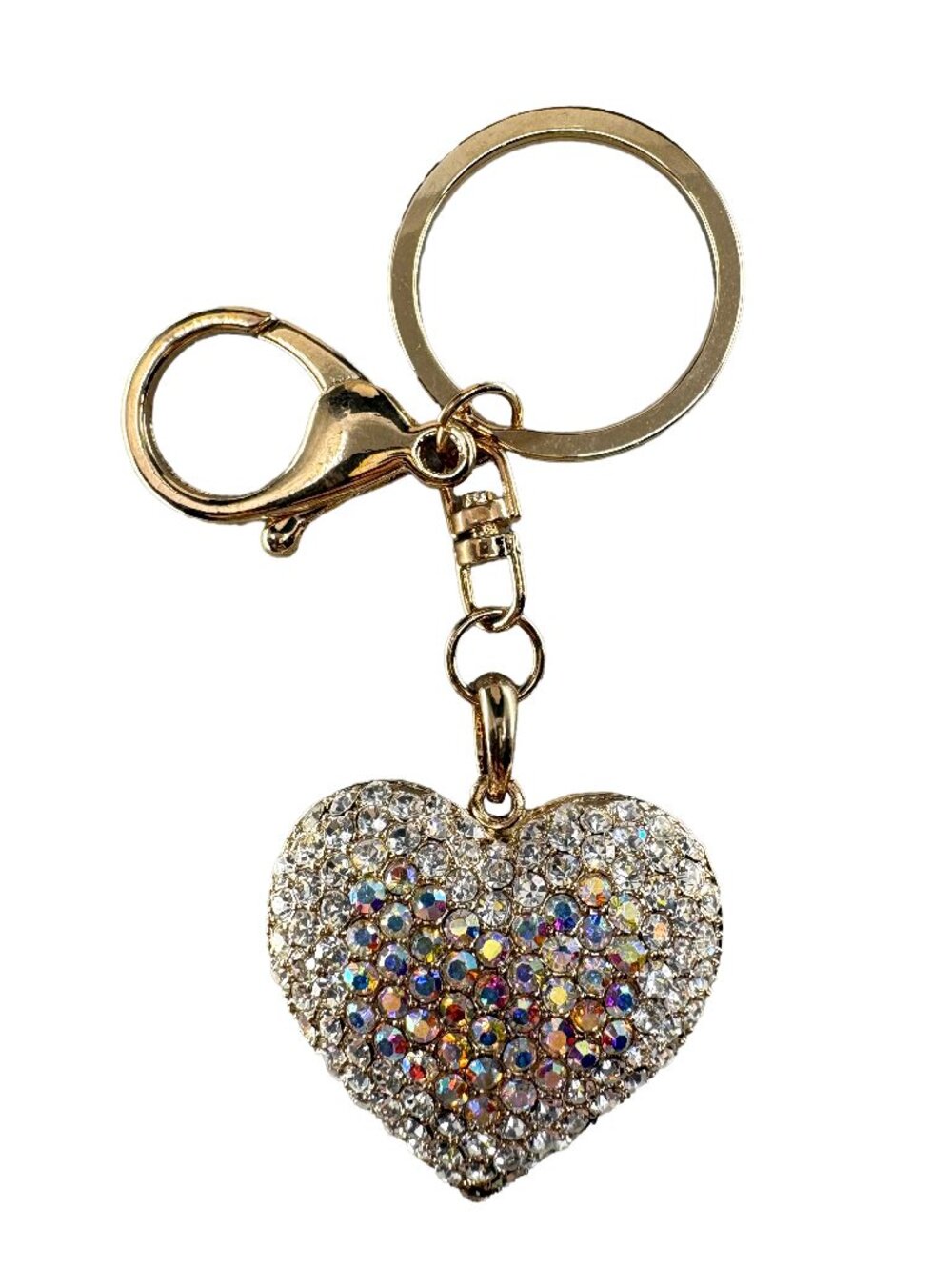 Metal Alloy White Heart Keychain Rhinestone Charm Key Ring 4.25x1.5"x0.67"